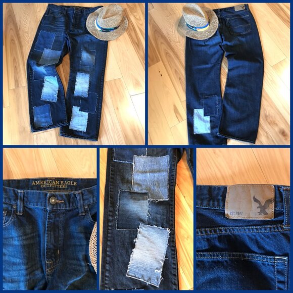 Men’s Patchwork Jeans, 36x32: Upcycled Distressed Denim on Denim, Casual Pants - Picture 11 of 11